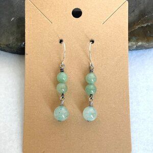 Sterling Silver 925 Round Green Aventurine Beaded Dangle Drop Earrings